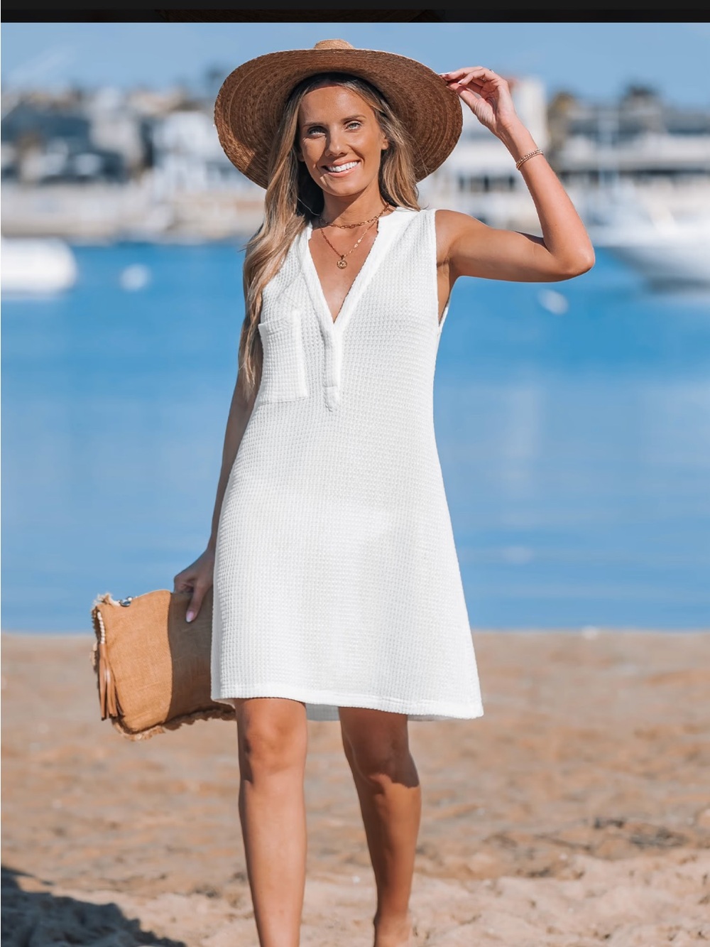 Women’s White Waffle Knit Beach Cover-Up Dress